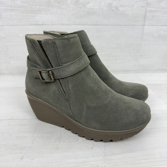 Skechers Day Date Women 9 Parallel Wedge Ankle Boots Bootie Shoes Suede Green - Picture 1 of 11